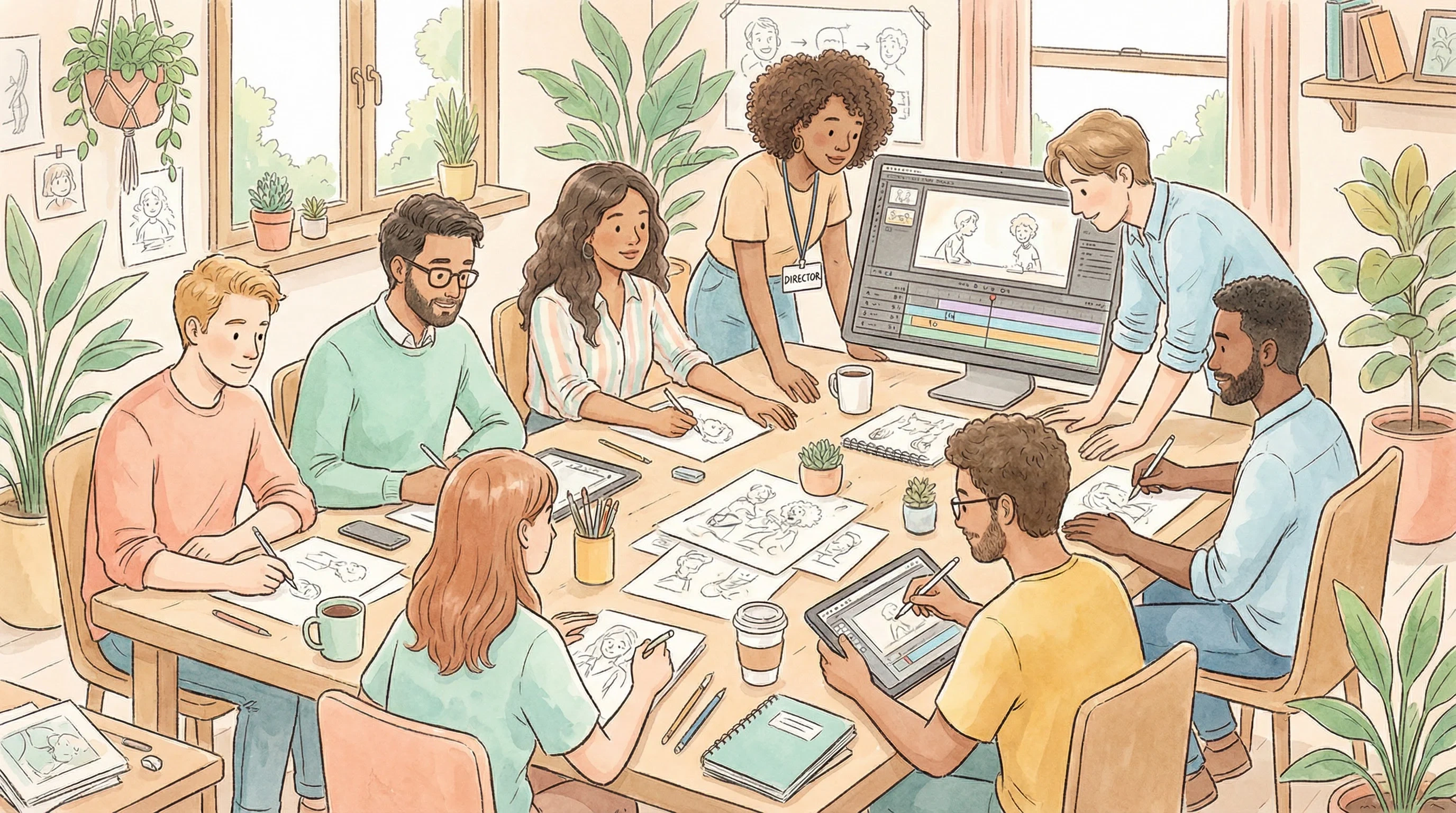 四虎视频创作团队工作场景插画 - 多元化动画创作团队协作